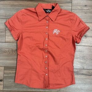 HARLEY DAVIDSON VINTAGE Cinched Collared Orange Pearl-snap Button-up | Medium